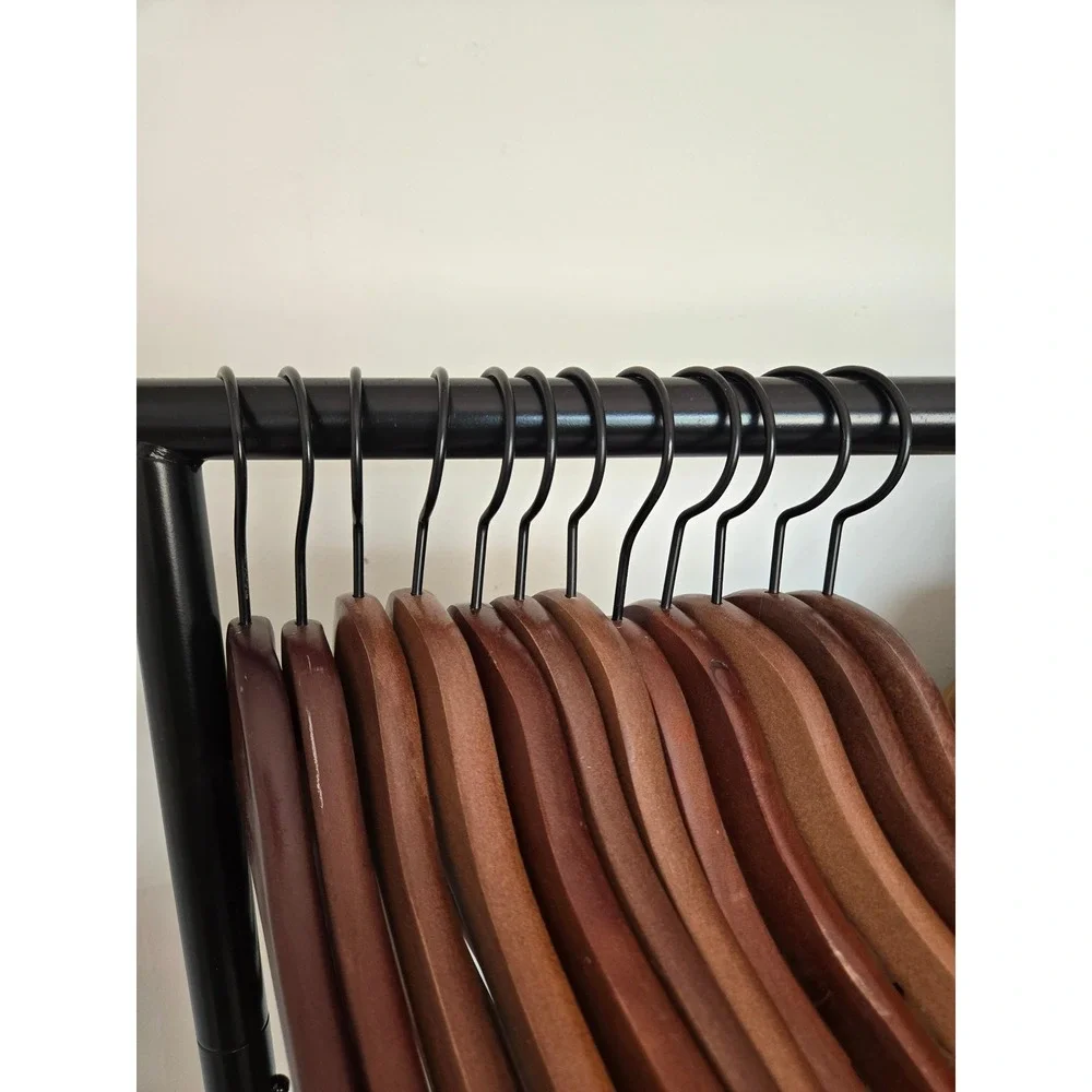 Set of 12 Mahogany Wood Hangers Black Metal Hook Contoured Shoulder Brown